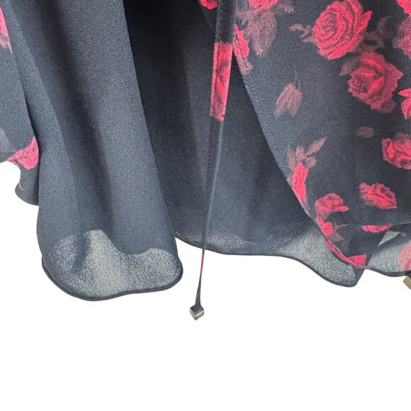 Michael Kors Black Red Rose Print Lined Lightweight Long Sleeve Chiffon Blouse L - Picture 5 of 10